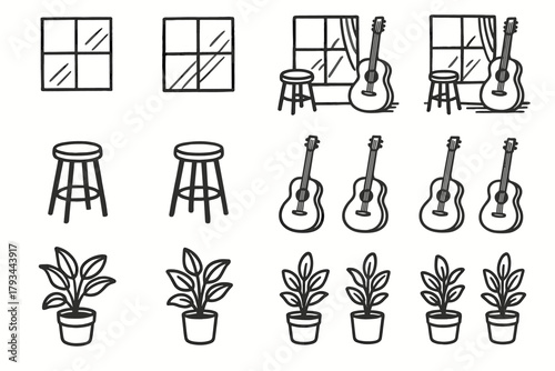 Music guitar room icons sunlight stool icon plant view studio morning potted