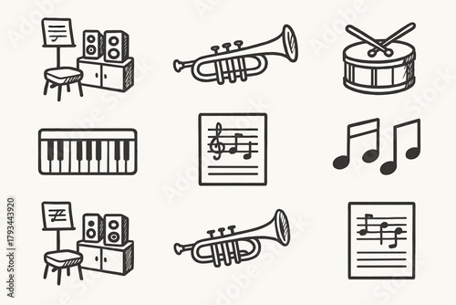Room music keyboard icons icon notes sound pencil drum trumpet practice vector