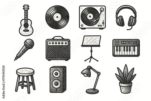 Modern room music vector guitar potted icon lamp speaker stool stand microphone