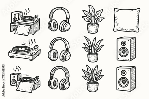Room pillow vector icon speaker headphones relaxing setup music plant sound ink