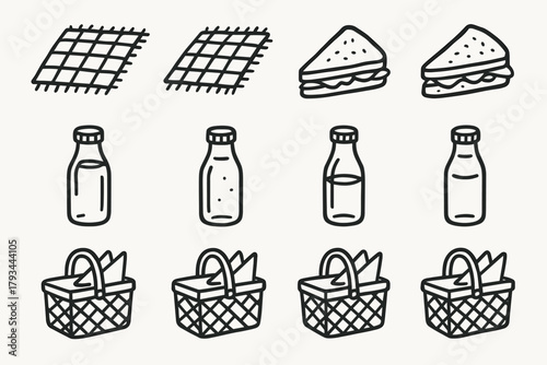Basket casual icon brunch juice ink outline napkin sandwich vector set picnic