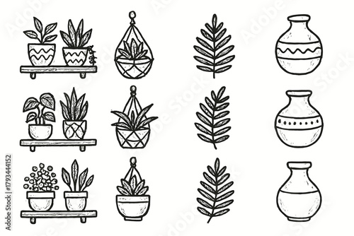 Macrame plant fern ceramic boho shelf hanger plants icon vector jar