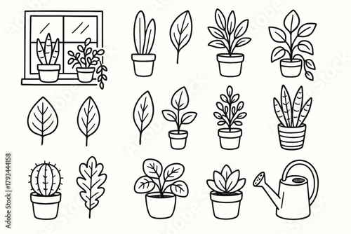 Arrangement pots can leaves icon watering vector decor ink windowsill plant icons