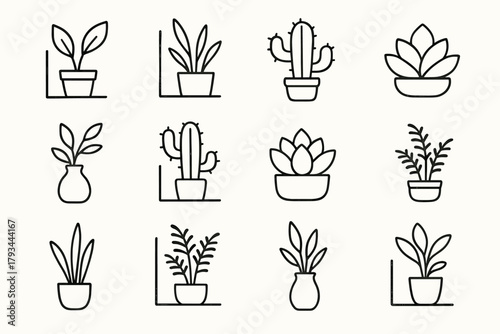 Greenery small vase plant rough fern succulent cactus vector icons minimalist icon