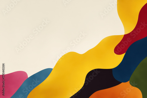 abstract composition featuring geometric shapes and colorful blobs creating striking visual impact