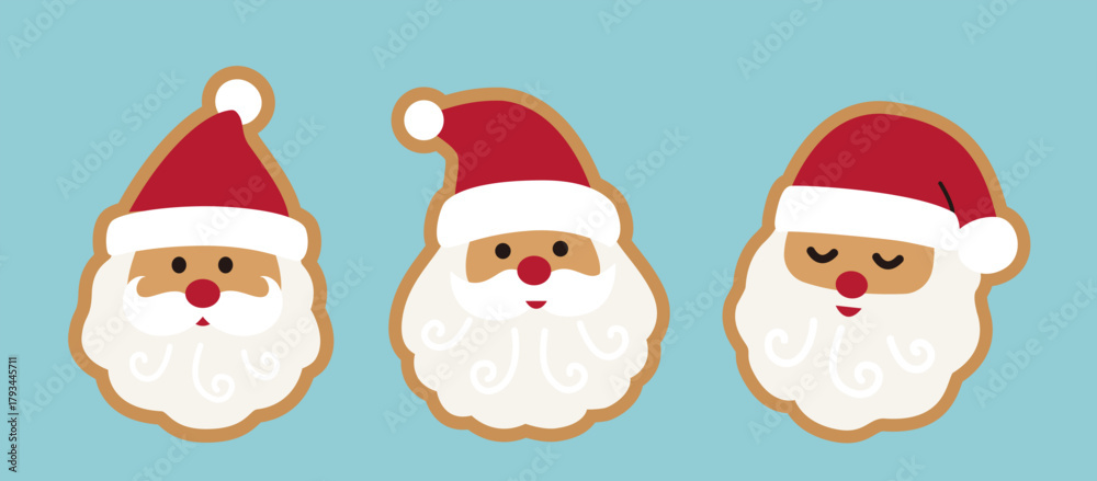 Obraz premium Santa claus gingerbread cookies flat vector illustration set. Winter Christmas santa claus face ginger cookie clipart design. Cute festive Cookie Sticker. plain background.