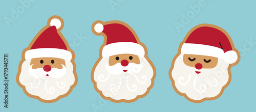 Santa claus gingerbread cookies flat vector illustration set.
Winter Christmas santa claus face ginger cookie clipart design.
Cute festive Cookie Sticker.
plain background.