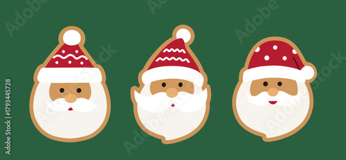 Santa claus gingerbread cookies flat vector illustration set.
Winter Christmas santa claus face ginger cookie clipart design.
Cute festive Cookie Sticker.
