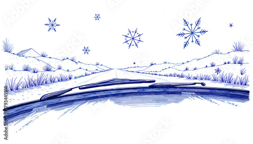 Vintage sketch with pen and blue ink of snowflakes on windshield  