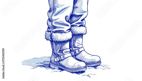 Vintage sketch of boots and snow pants in blue ink style  