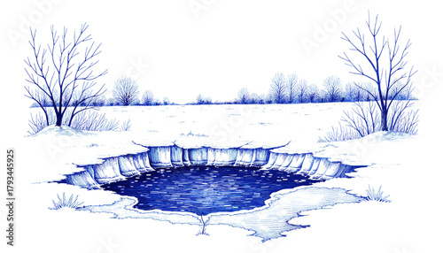Vintage sketch with pen and blue ink of a frozen lake fishing hole  