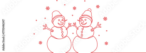 Red winter snowman vector one line art, christmas snowfall decoration design.
