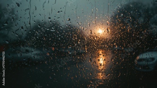 Rainy weather seen through a car window with water droplets and a sunset glow. Transportation and weather, concept. Weather conditions and driving safety. The concept of rain and weather impact.