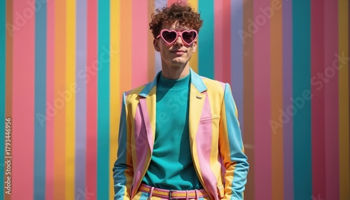 Young man wears colorful pastel suit and heart shaped glasses. He stands against a vibrant striped backdrop. The asian male models pose confidently. Trendy fashion. Optical illusion.