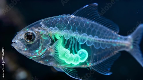Transparent Fish with Glowing Green Organs