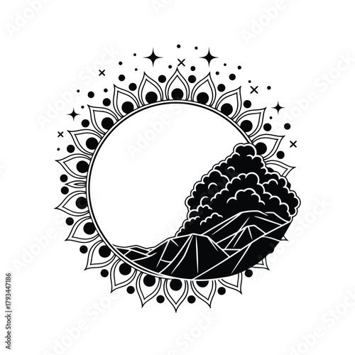 Black and white graphic of a volcano erupting within a circular mandala design eruption smoke