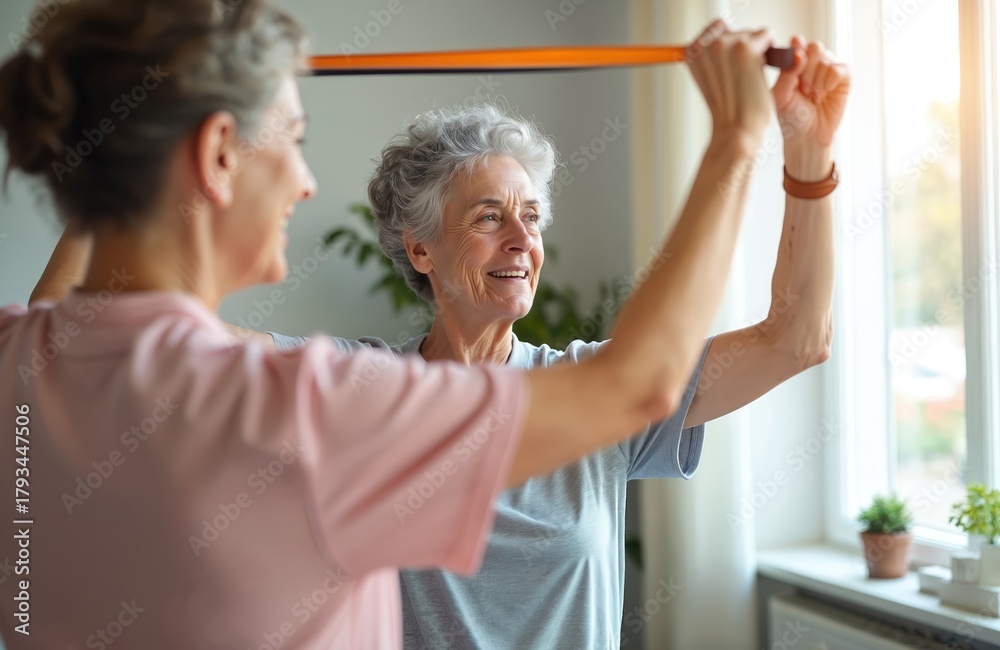 Obraz premium Senior woman lifts elastic band with trainer. Elderly lady smiles during workout. Caregiver assists mature patient at home. Physical therapy improves health. Exercise with resistance band for