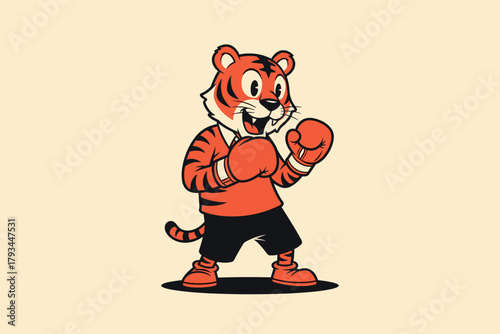 Friendly cartoon tiger mascot in boxing gloves ready for a fight