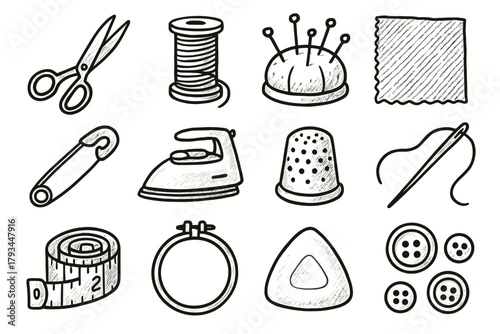 Buttons fabric measure icons scissors piece needle essentials pin sewing vector icon