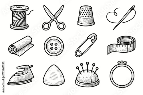 Measure sewing icons pincushion button iron tools vector icon pin fabric hoop