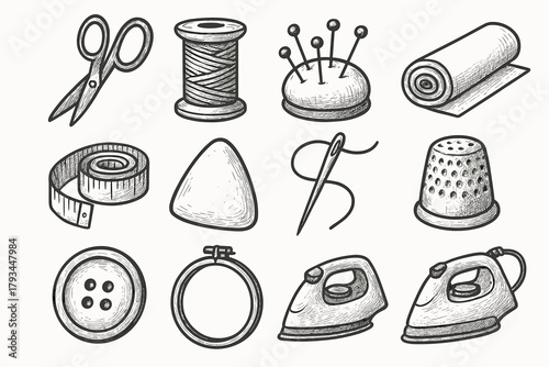 Scissors button thimble icons cushion iron measuring hoop icon sewing pin vector