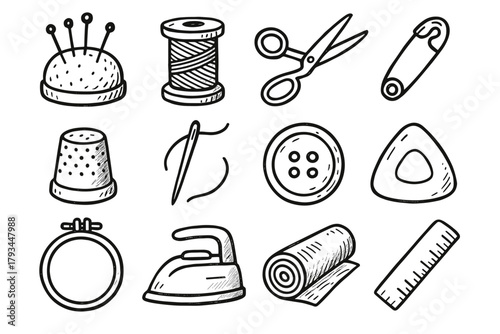Vector sewing tools needle icon chalk scissors spool ruler iron hoop icons