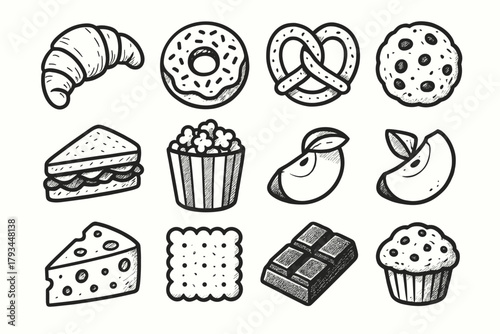 Vector cracker chocolate apple time muffin snack bar box icons square popcorn