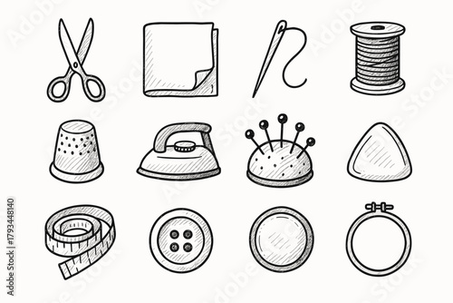 Pin vector tools sewing needle thread spool scissors cushion chalk essential icons