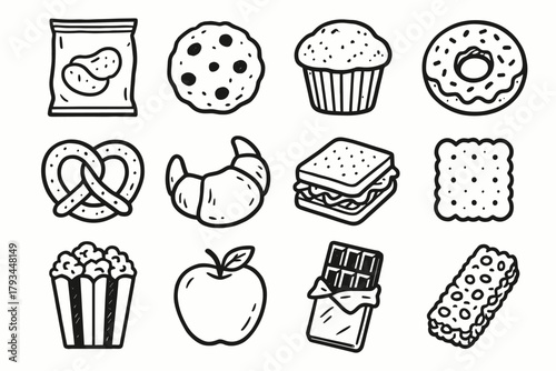 Muffin popcorn time croissant sandwich chips bag vector snack pretzel granola icons