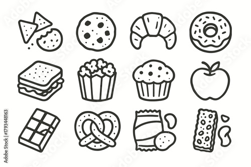 Vector chips pretzel sandwich icons bites cookie muffin icon donut snack time