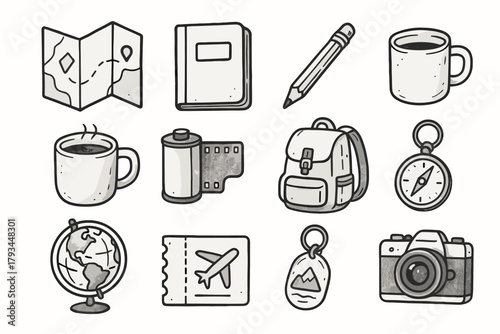 Film plane travel mug ticket compass globe vector backpack stamp icon collection