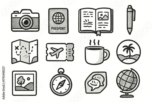 Travel camera icon compass vector journal essentials icons memory passport mug globe