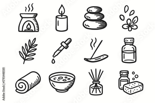 Aromatherapy vector towel set holder flower bowl essential icon reed diffuser soap