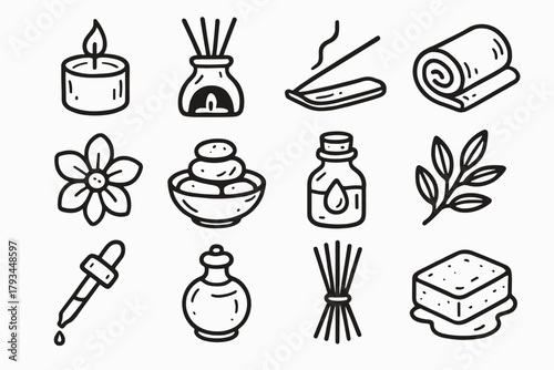 Vector incense bottle herbal aromatherapy bundle collection stone candle towel icon reed