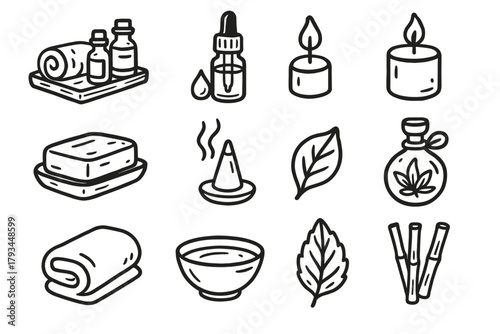 Bowl leaf incense vector set bottle aromatherapy flower herbal icon kit diffuser