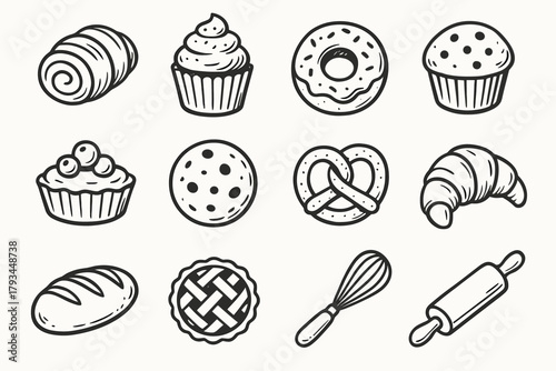Icon bakery pretzel sweet items whisk pastry set cupcake donut vector muffin