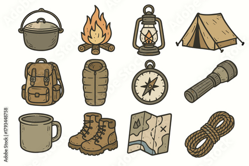 Flashlight vector tent set icon camping compass map cooking rope boots mug