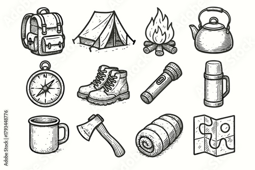 Kettle thermos boots bag icon compass camping tent flashlight campfire set vector