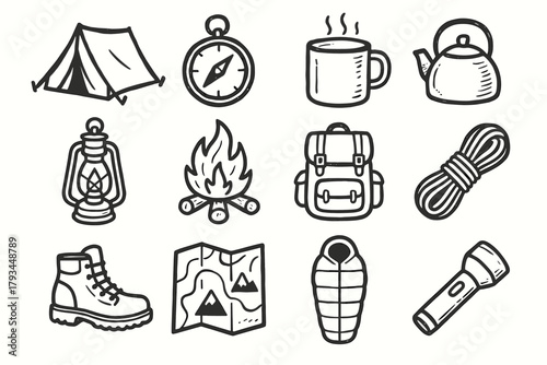 Hiking bag icon boots lantern sleeping vector kettle icons compass campfire camping