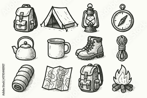 Camping icon compass essentials vector rope bag boots lantern icons campfire mug