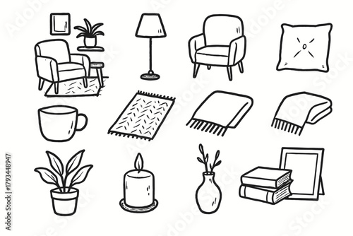 Lamp mug plant vector home decor frame candle cozy icon rug books