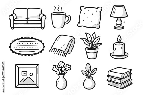 Decor soft couch interior coffee cozy set pillow vector icons potted icon