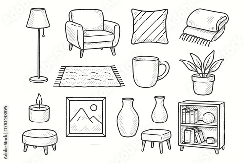 Interior pillow footstool icon armchair plant vector potted mug icons throw art