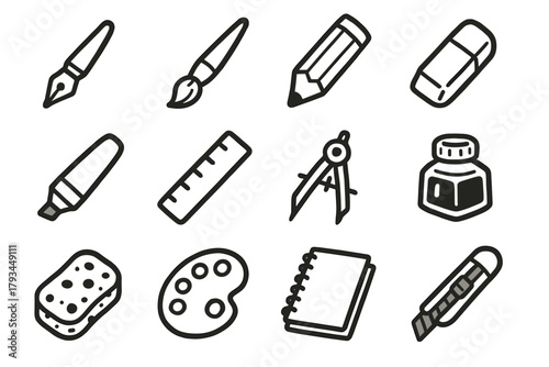 Pot marker tools ink eraser drawing compass sponge cutter vector icons icon
