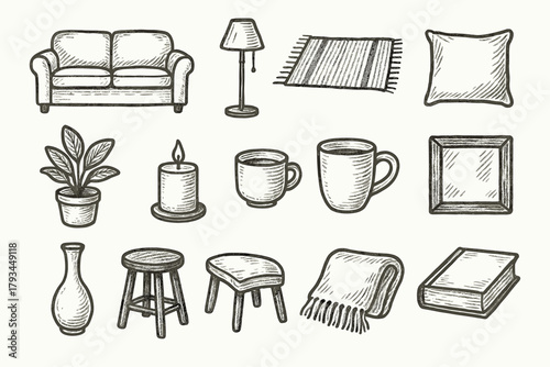 Book stool icons pillow blanket floor throw vector vase sofa interior icon