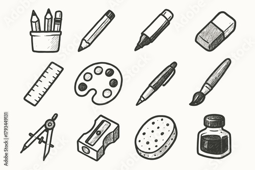 Pencil icons set stationery icon sponge brush pen tools compass eraser drawing