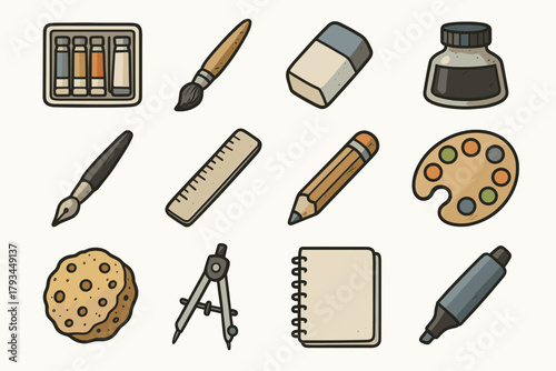 Vector compass pencil marker tools paintbrush ruler art icon supplies sketchbook icons