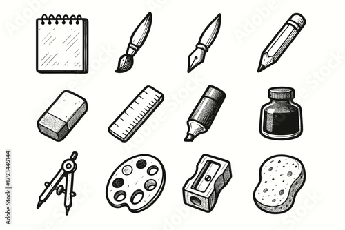 Marker icon vector sketch ruler tools notebook sharpener sponge compass pen drawing