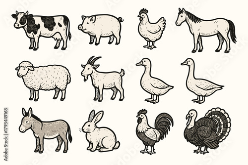 Icons cow vector duck rooster rabbit farm goose icon donkey animal goat