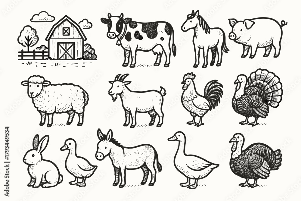 Fototapeta premium Horse farm goose turkey vector goat chicken icons sheep pig animal icon
